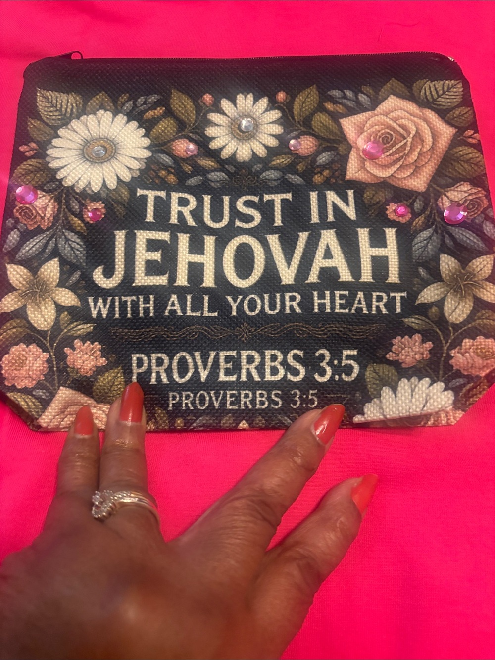 Trust in Jehovah Floral Faith Tote Pouch - Pink & Black hot pink & clear jewels